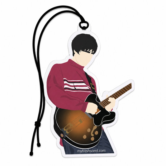 Minimalist Noel Gallagher inspired car air freshener with faceless guitar illustration.