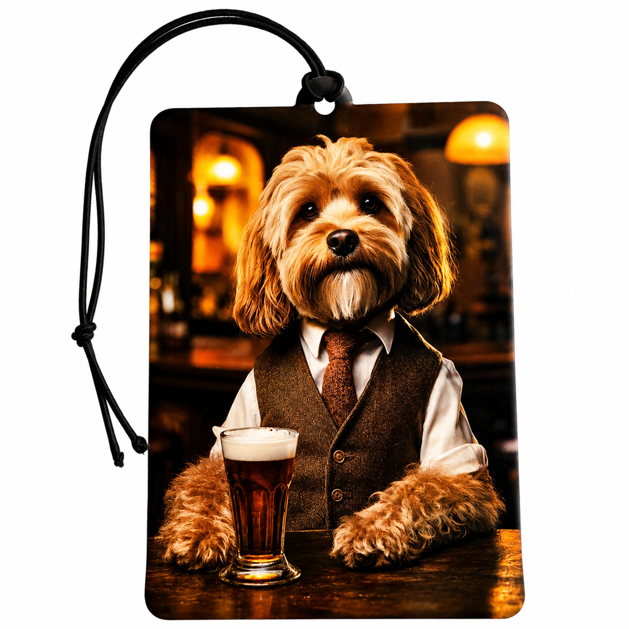 Rectangular car air freshener or luggage tag with a black hanging cord, featuring a printed illustration of a small fluffy dog dressed in a brown vest and tie at a bar with a glass of beer, shown on a white background.