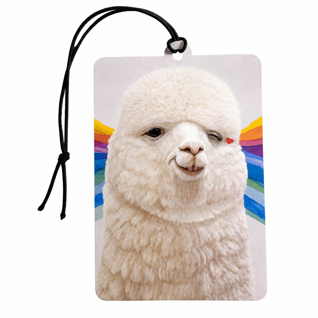 Funny alpaca car air freshener with cute winking alpaca and colourful rainbow background