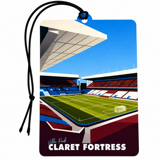 A rectangular printed Car Air Freshener or tag-shaped sticker with a black hanging cord, featuring a stylized illustration of Villa Park Claret Fortress football stadium under a blue sky. The tag has a blue top loop and the text 'Villa Park CLARET FORTRESS' near the bottom.