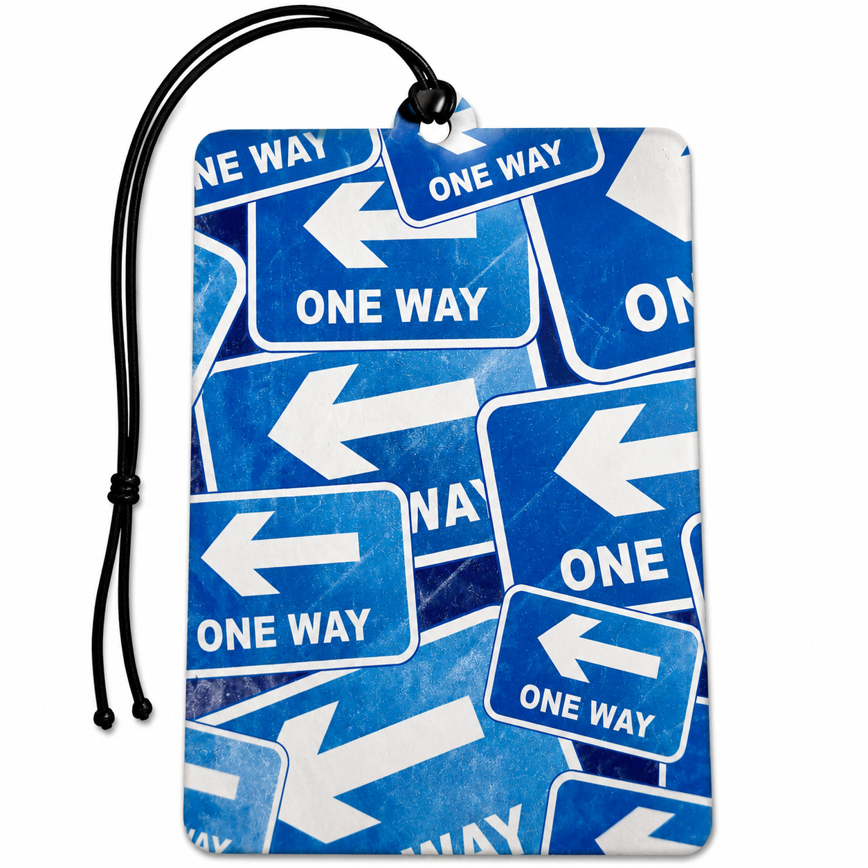 A rectangular car air freshener or tag with a black hanging cord, featuring a collage print of blue and white 'ONE WAY' road signs with arrows, shown on a plain white background.