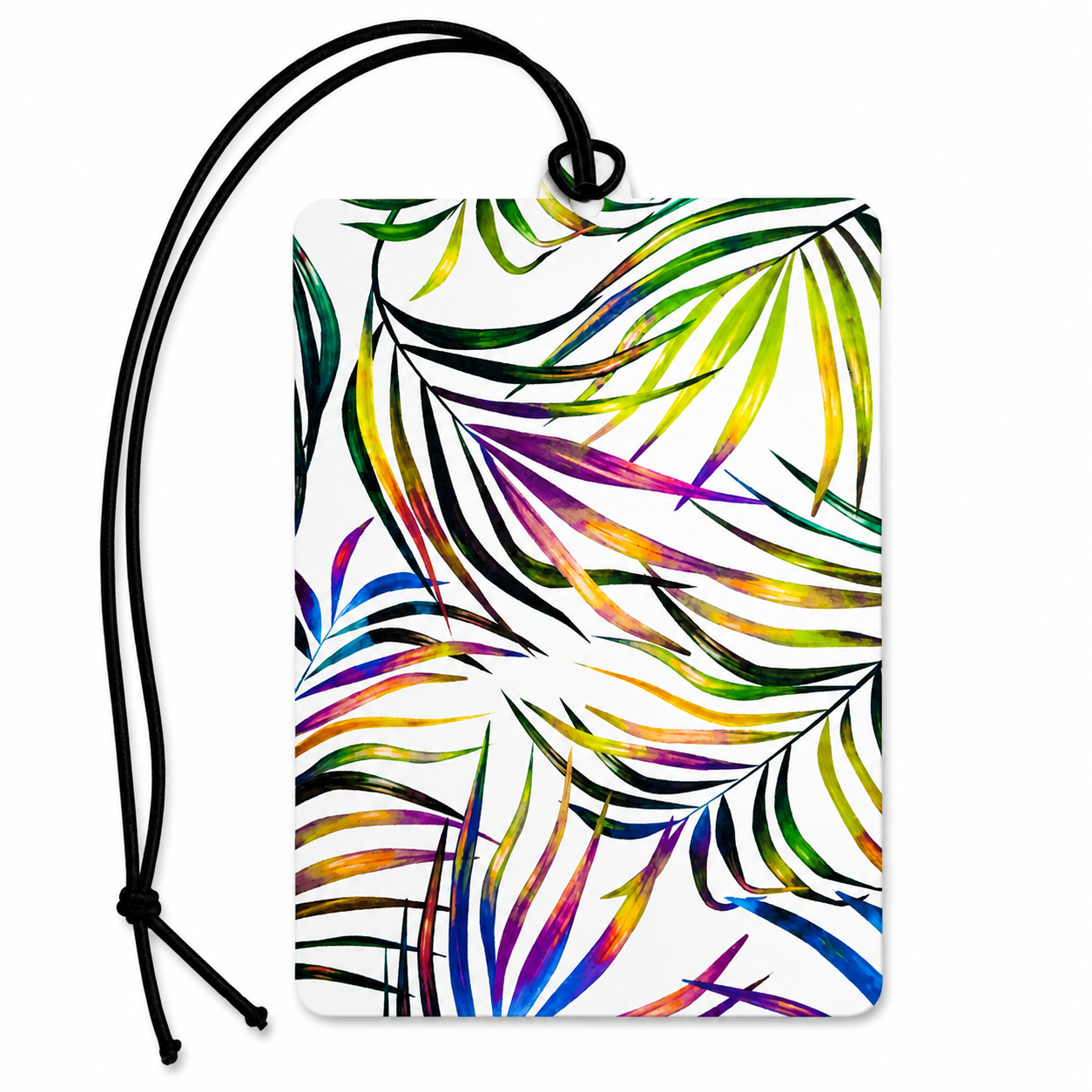A rectangular car air freshener with a colorful tropical palm leaf pattern on a white background, featuring a black hanging cord