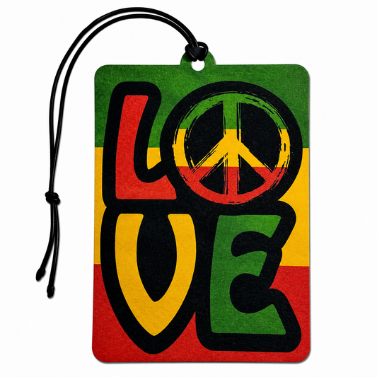 A rectangular hanging tag with a black cord loop at the top, featuring the word LOVE in large block letters filled with a red, yellow, and green horizontal stripe pattern and black outlines. The letter O is a peace symbol.