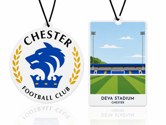 Two items: a round tag with 'Chester Football Club' logo and a rectangular tag with Deva Stadium illustration.
