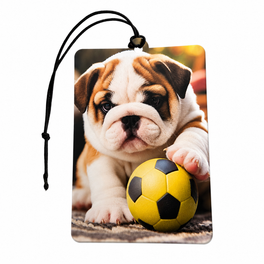 English Bulldog Football Car Air Freshener – Cute Bulldog Puppy & Soccer Ball Hanging Vehicle Freshener, Dog Lover Car Accessory, Football Fan Gift