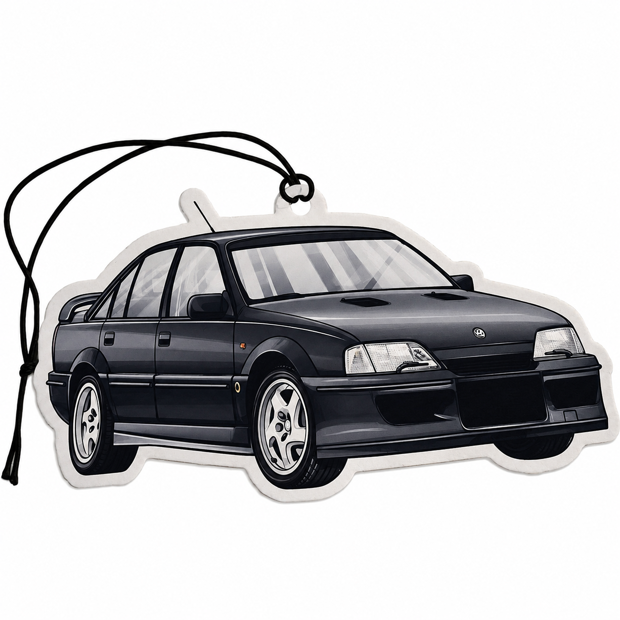 A die-cut car-shaped air freshener or ornament featuring a vauxhall lotus carlton with a black hanging string, shown on a plain white background.