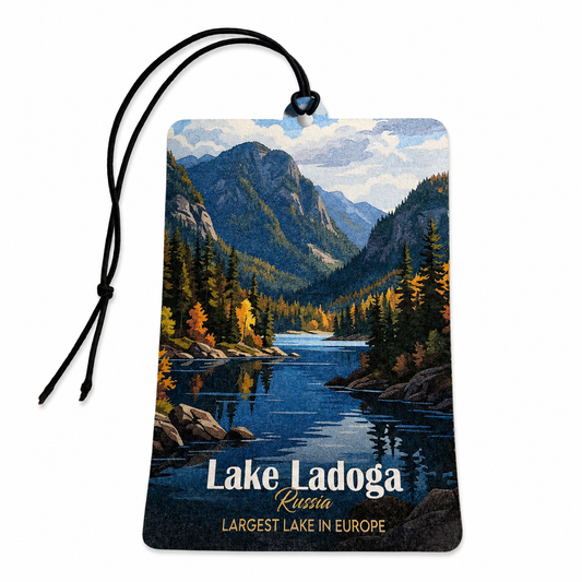 A rectangular car air freshener tag featuring a scenic illustration of Lake Ladoga, Russia, with a black hanging cord, shown on a plain white background.