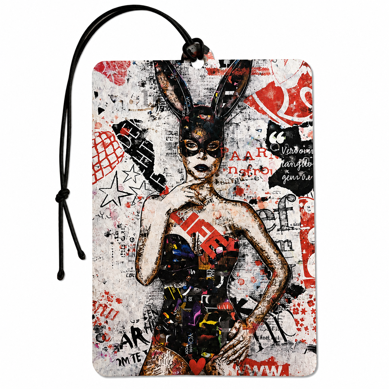 Rectangular car air freshener tag with a black hanging cord, featuring a collage-style graphic of a woman in a bunny costume against a distressed grunge background with red, black, white, and gray tones.