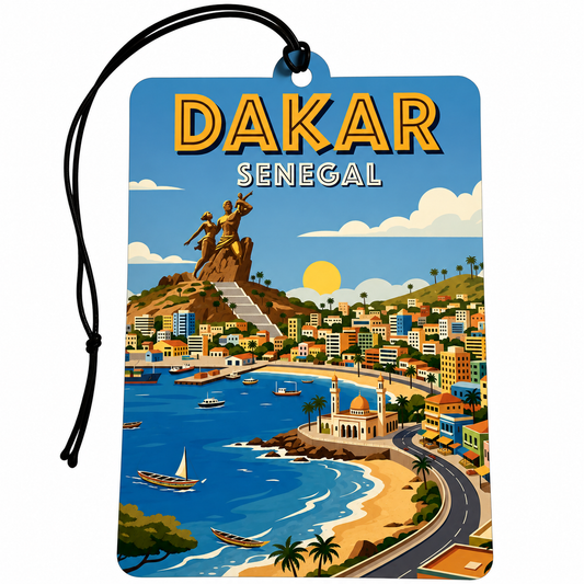 A rectangular luggage tag or car freshener featuring a colorful illustrated coastal scene labeled 'DAKAR SENEGAL' in large yellow letters. The tag shows a harbor, beach, buildings, roads, and a statue on a hill.