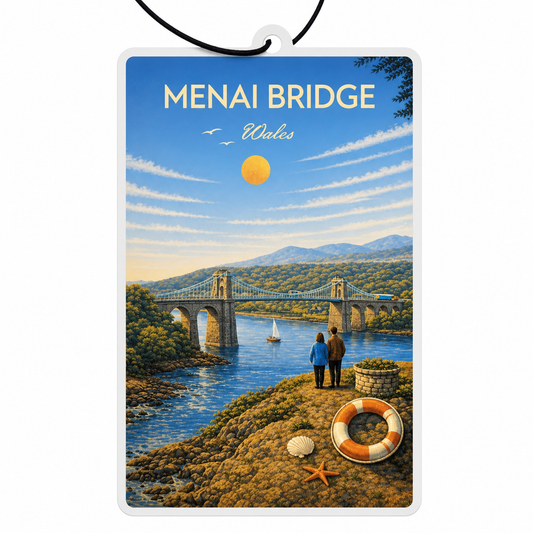 Menai Bridge in Wales with a scenic view and people standing on a cliff car air freshener 