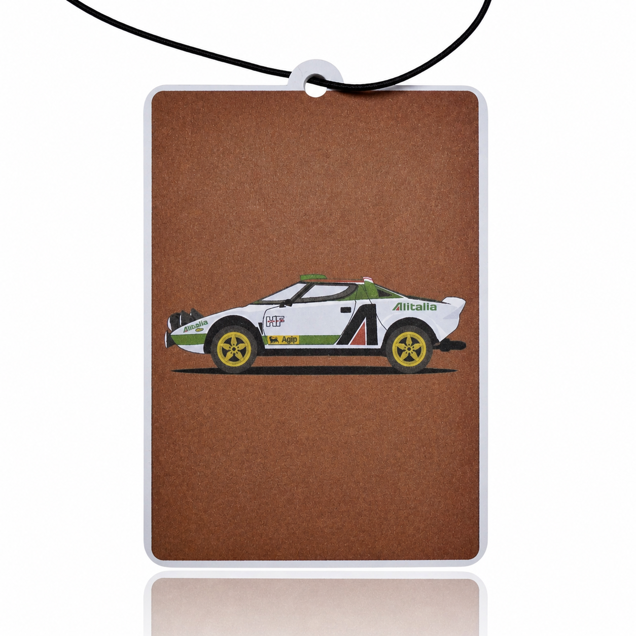 Car air freshener with a lancia stratos car illustration on a brown/red cardstock