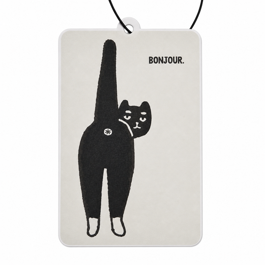 Card with a black cat illustration and 'Bonjour' text on a white background