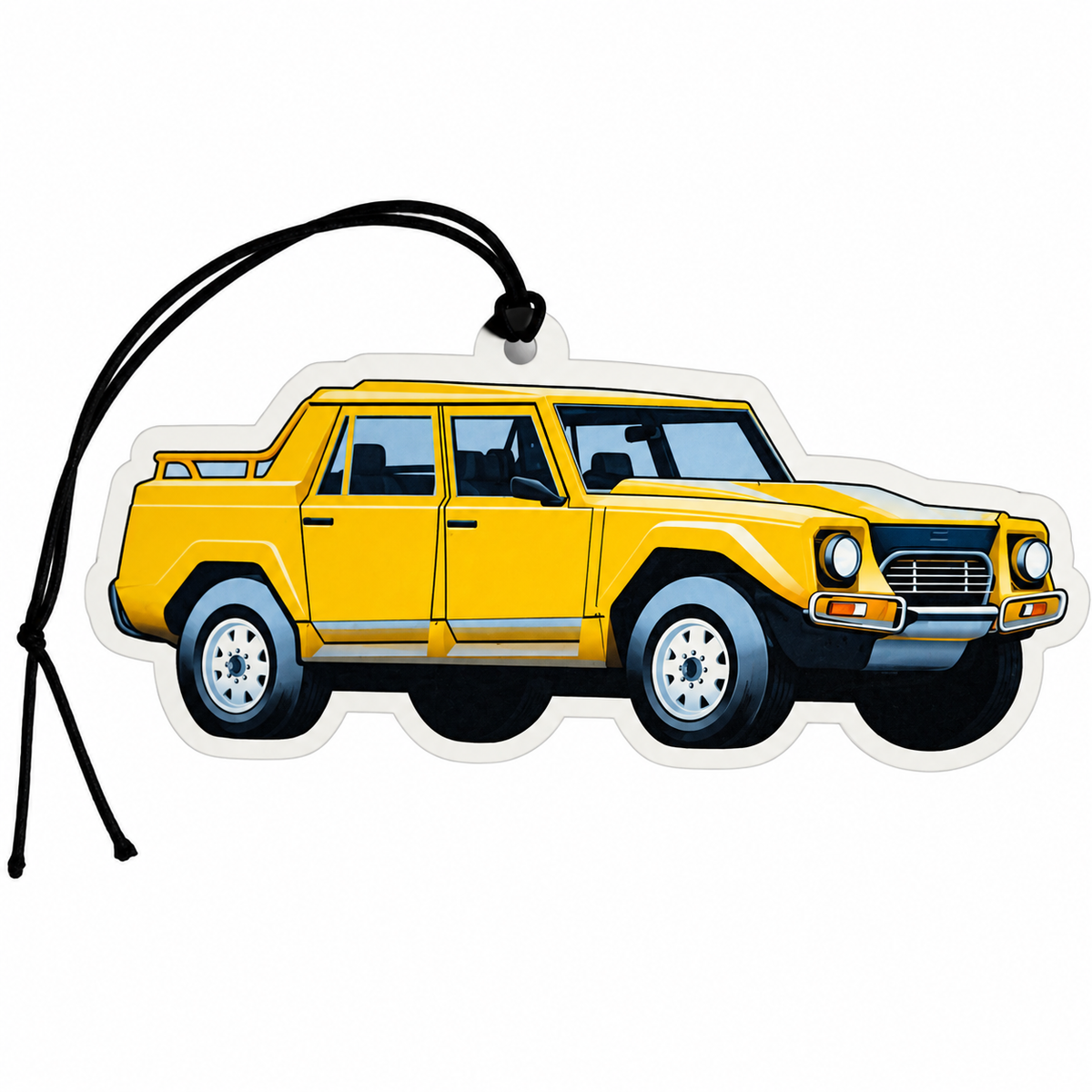 A yellow vintage lamborghini LM-002 pickup truck car air freshener with a black hanging loop, shown on a plain white background.
