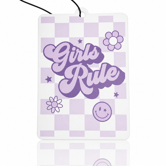 Car air freshener with 'Girls Rule' text on a checkered background