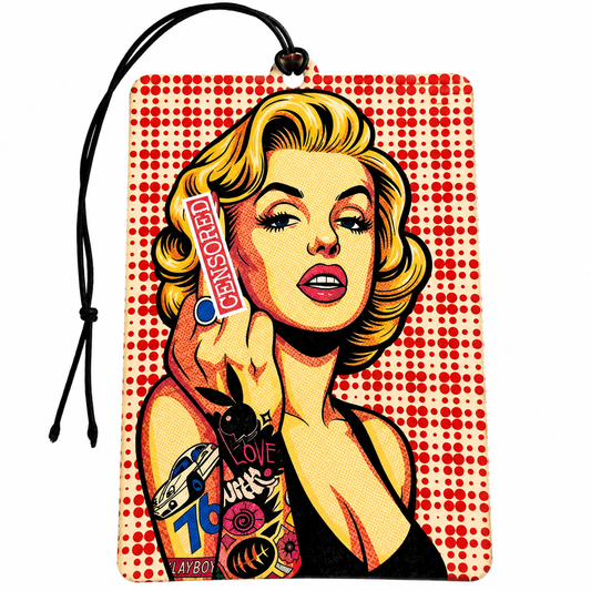 A rectangular car air freshener tag featuring a pop-art style illustration of Marilyn Monroe holding a 'Hello' sign. The tag has a red and white halftone dot pattern background, a black hanging cord, and a clean white background.