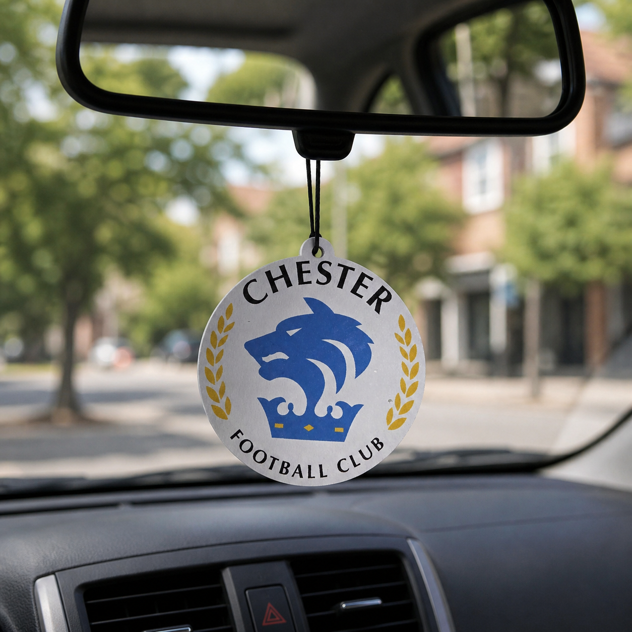 Chester FC car air freshener round tag with blue crest logo hanging from car rear view mirror