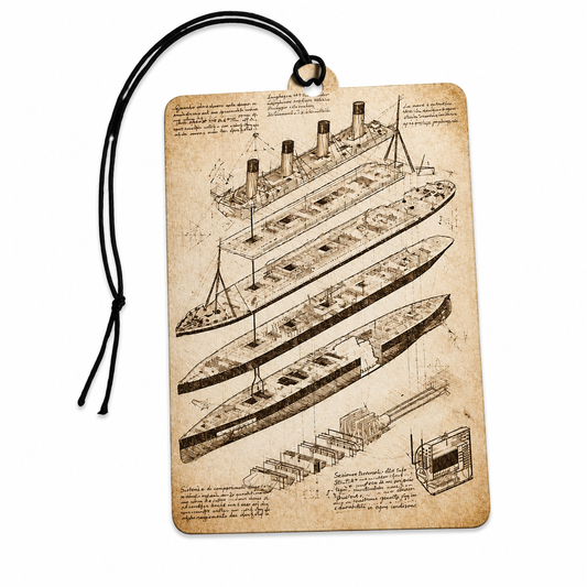 A rectangular vintage-style hanging card or tag with a black cord loop at the top. The tag has an aged beige paper look and features sepia technical drawings of a ship from multiple angles, along with handwritten text and a small diagram in the lower right.