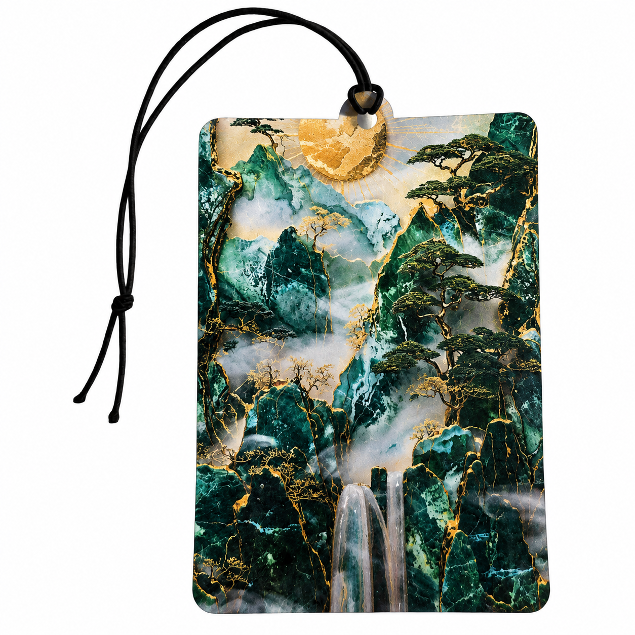 A rectangular car air freshener or luggage tag with a black hanging cord, featuring a printed landscape design of green mountains, pine trees, mist, and a waterfall with gold vein details, shown on a plain white background.