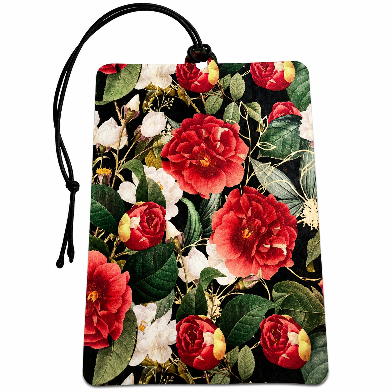 A rectangular hanging card or car air freshener with a black cord loop at the top, printed with a dense floral pattern featuring large red and white flowers with green leaves on a black background.