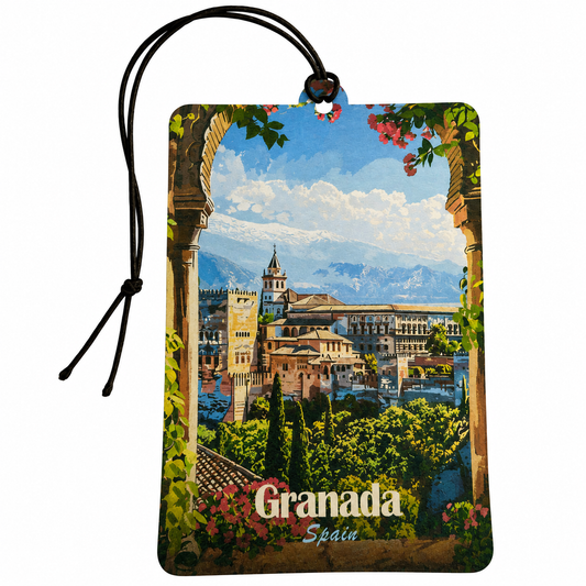 A rectangular car air freshener or luggage tag with a black hanging cord, featuring a colorful scenic illustration of Granada, Spain, framed by stone arches and greenery, on a plain white background.
