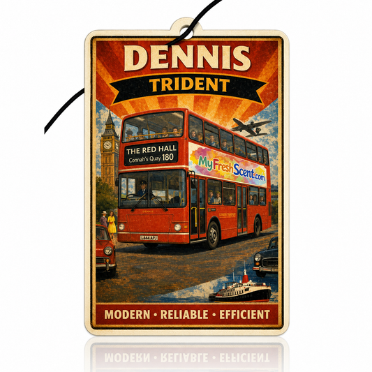 Dennis Trident bus air freshener with a vintage design featuring a red bus and iconic landmarks.
