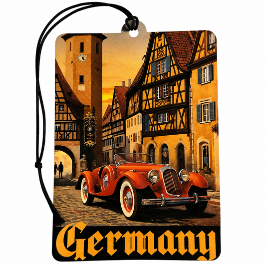 Germany inspired car air freshener featuring a vintage classic roadster in a traditional German village with half-timbered buildings