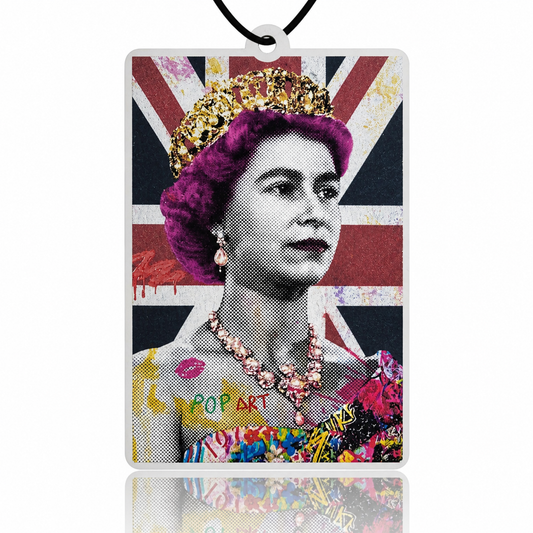 Car air freshener with a stylized portrait of a monarch on a Union Jack background, featuring pop art elements.
