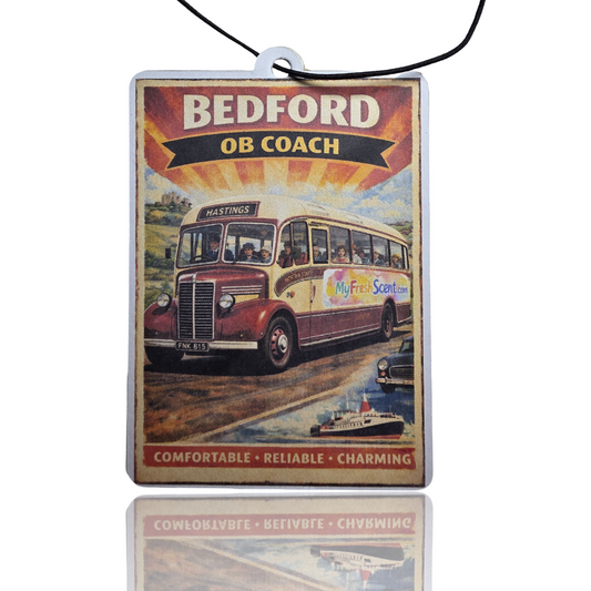 Bedford OB Coach Car Air Freshener - Vintage Travel Poster Style Hanging Accessory for Unique Car Gift