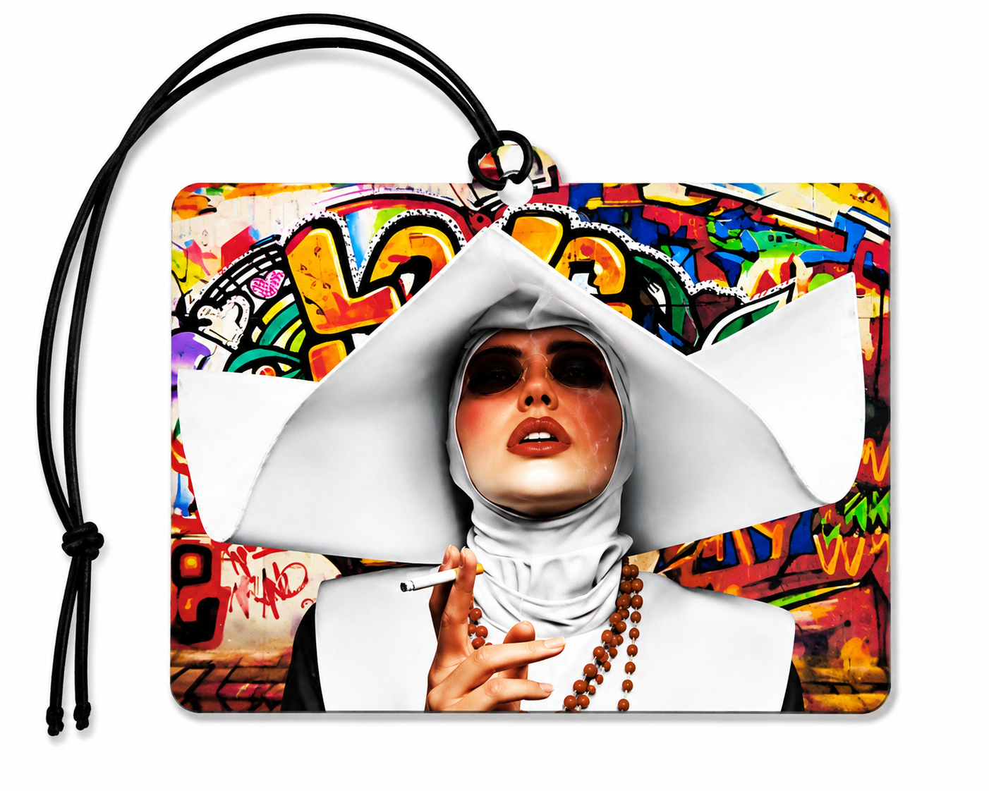 Graffiti Nun Car Air Freshener – Urban Street Art Hanging Car Air Freshener | Gothic Alternative Car Accessory
