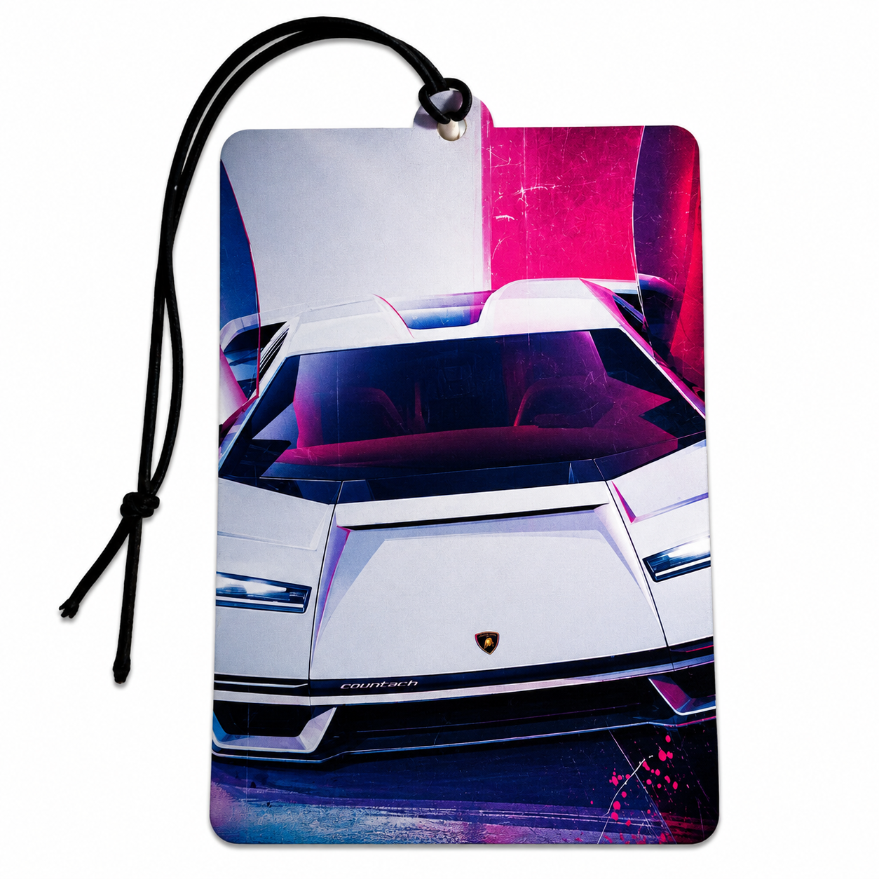 A rectangular car air freshener tag with a black hanging cord, printed with a stylized front view of a white Lamborghini Centoro sports car in vibrant pink, purple, and blue tones, on a plain white background.