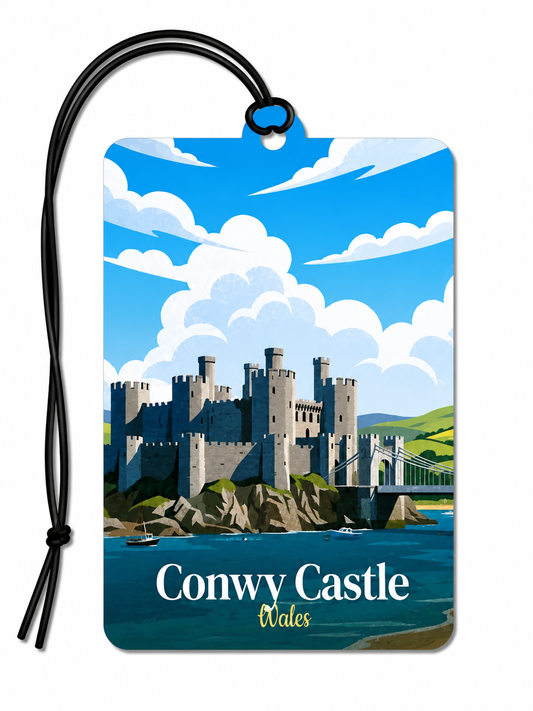 Conwy Castle Wales hanging car air freshener featuring an illustrated view of the historic Welsh castle.