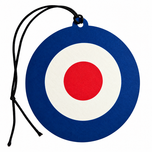 A round air freshener or ornament featuring the classic Royal Air Force roundel target design in blue, white, and red, complete with a black hanging cord on a solid white background.